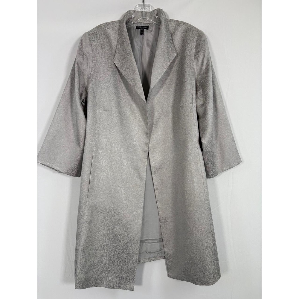 Eileen Fisher Woman Gray Textured Silk Blend Duster Coat Silk Lined Sz 1X Dressy